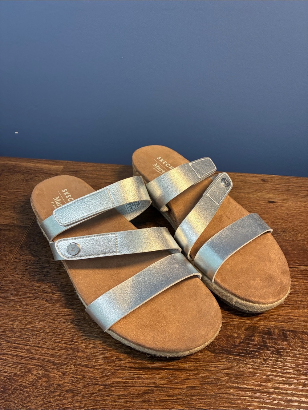 Skechers Martha Stewart Silver Triple-Strap Slide Sandals with Suede Footbed